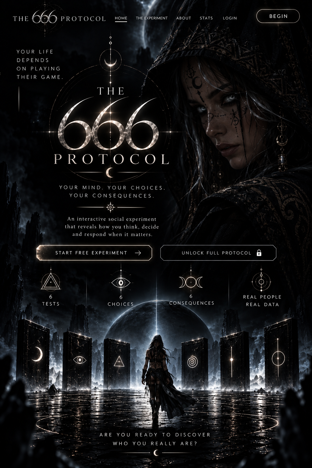The 666 Protocol: hooded silver-eyed woman, celestial symbols and six mysterious portals